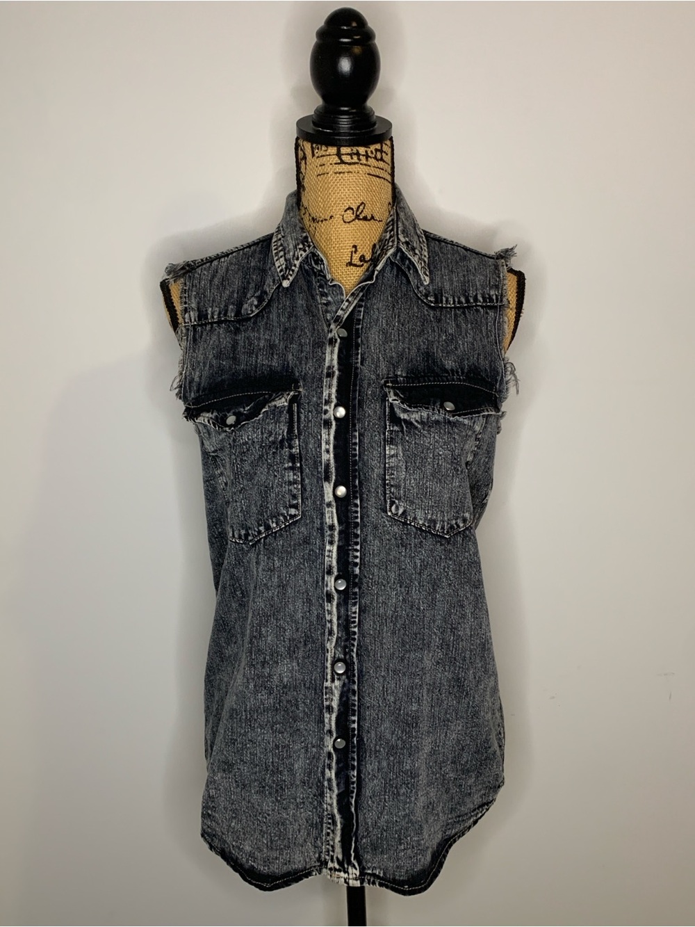 Carmar Black Acid Wash Distressed Denim Button-up Sleeveless Vest
